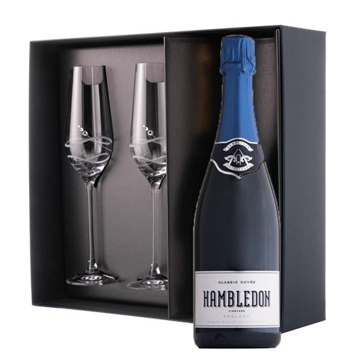 Hambledon Classic Cuvee English 75cl And Flutes In Pine Wooden Gift Box